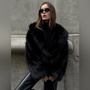 Commense Solid Faux Fur Collar Jacket black